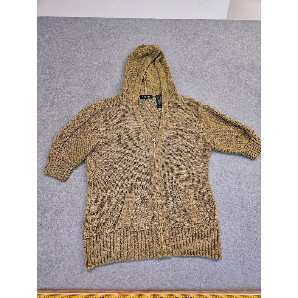 AX/CEE Earthy Sage Green Cable-Knit Short-Sleeve Zip-Up Hooded Sweater